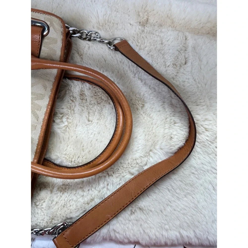 Michael Kors Hamilton Satchel Monogram Canvas Tan Leather Crossbody Bag Dust Bag